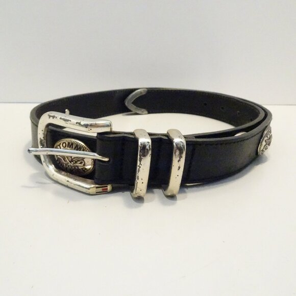 Vintage Tommy Hilfiger Black Belt 34 Leather Logo Silver Medallions Western